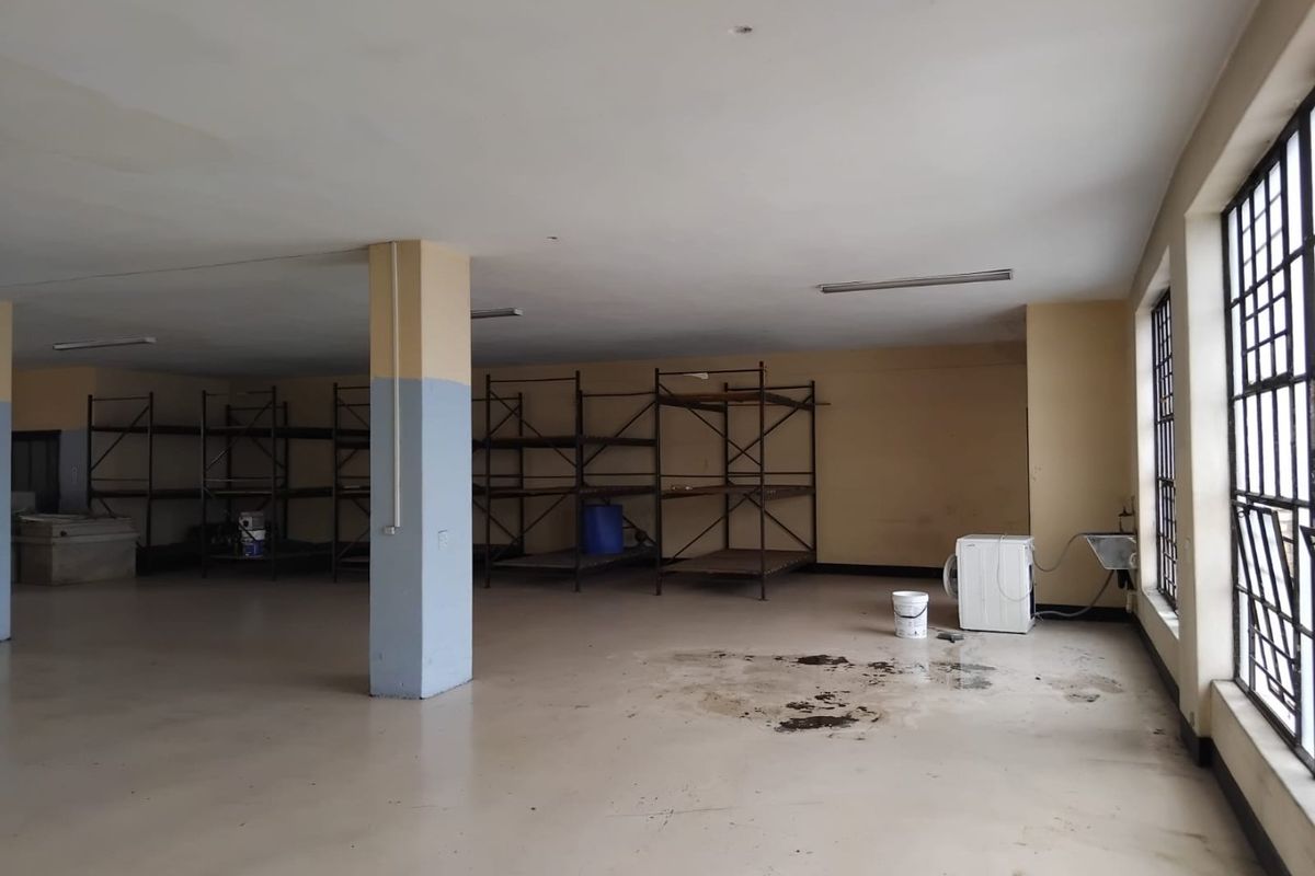 A large, open-plan utility or storage space featuring industrial steel windows, concrete flooring, and structural columns, suitable for various commercial or warehouse applications.