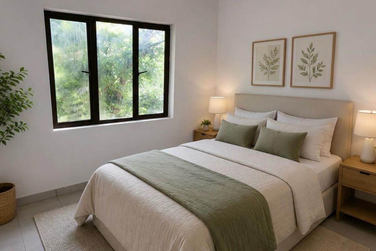 A well-lit bedroom featuring neutral tones, tiled flooring, and a large window overlooking greenery.