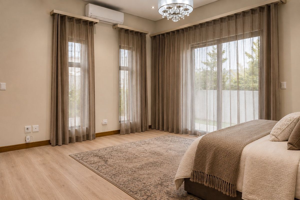 Spacious bedroom featuring light laminate flooring, modern recessed lighting, a chandelier, and large sliding glass doors providing access to the exterior.