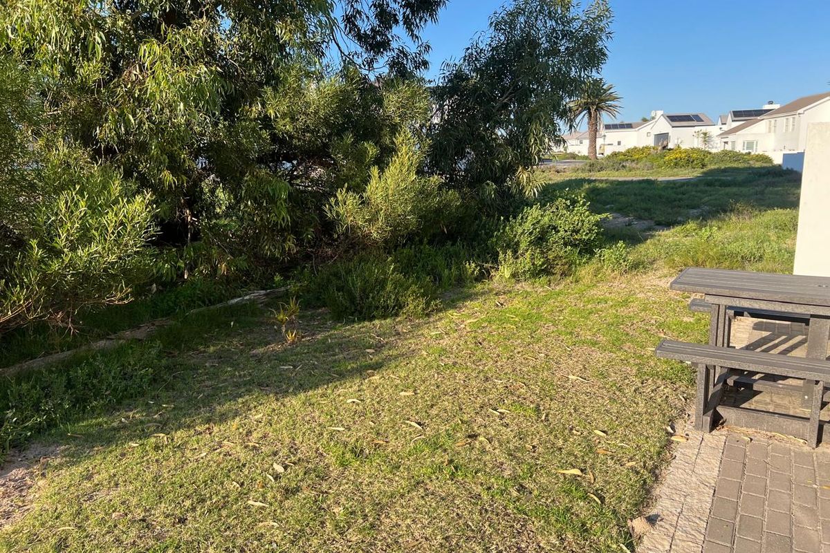 A view of a residential garden area featuring a lawn, mature trees, and a paved walkway section.