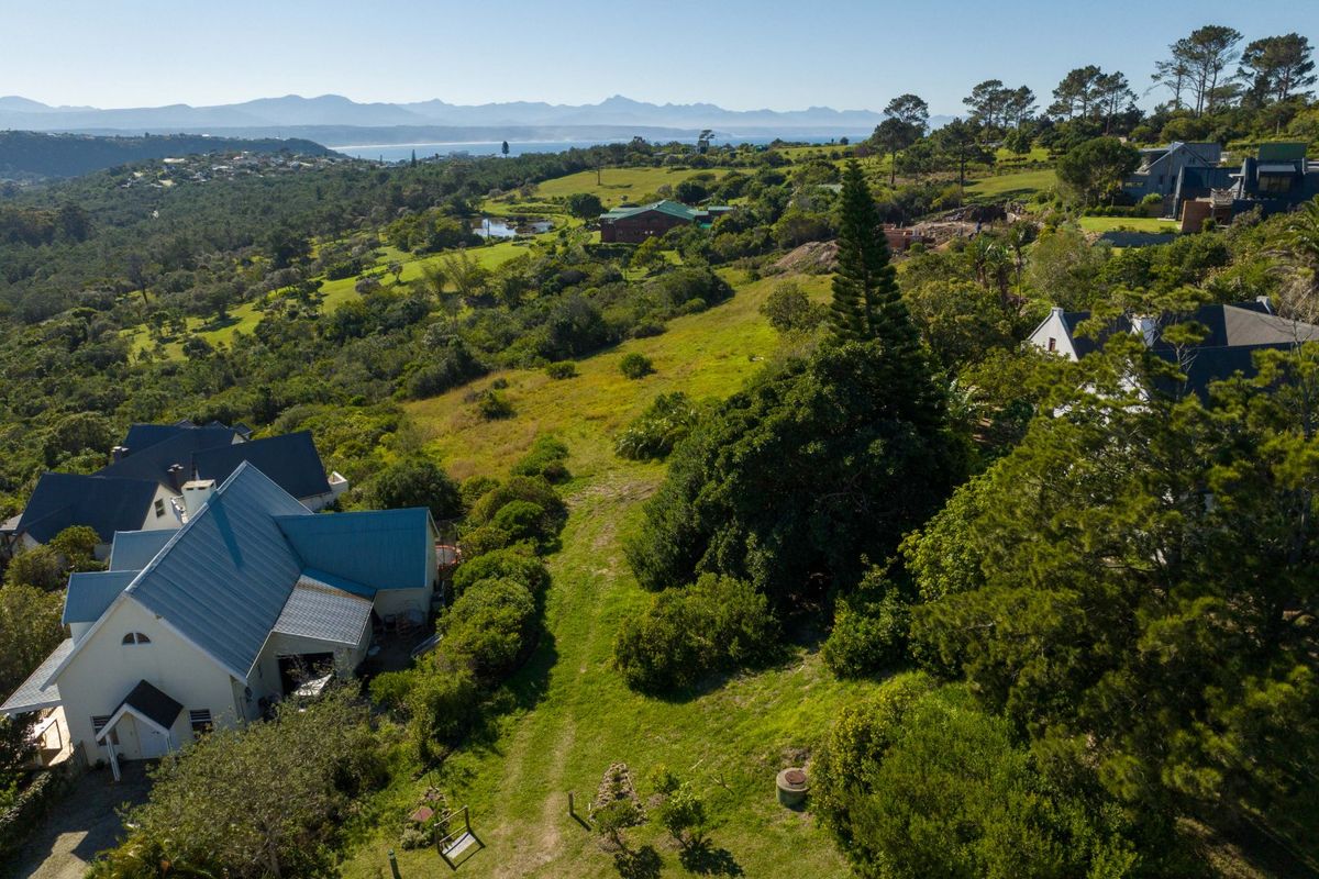 An aerial view of a vacant residential plot featuring established greenery, sloped topography, and surrounding neighborhood context with distant mountain and coastal views.