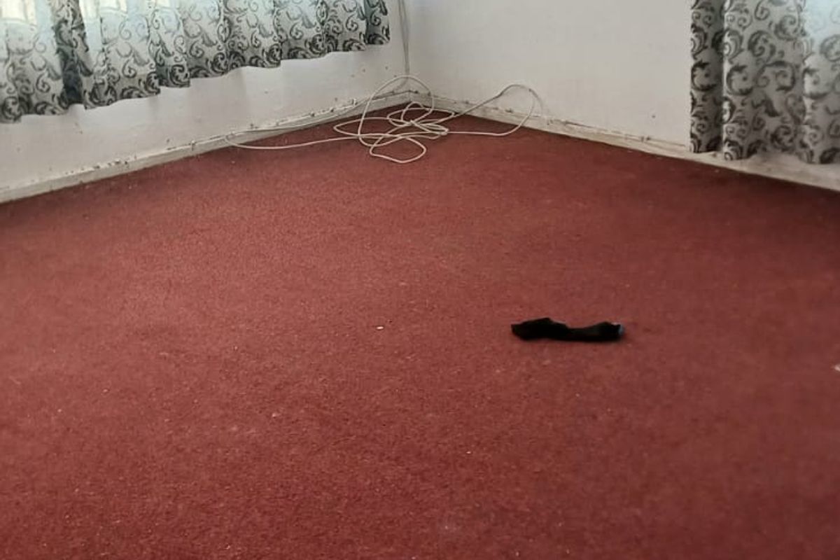 An empty living room featuring a combination of worn carpet and damaged ceramic floor tiles, with security bars installed on the windows.