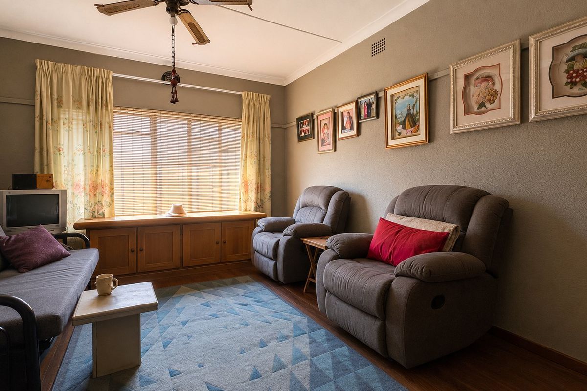 A comfortable living room featuring timber flooring, a ceiling fan, and built-in cabinetry under the window.