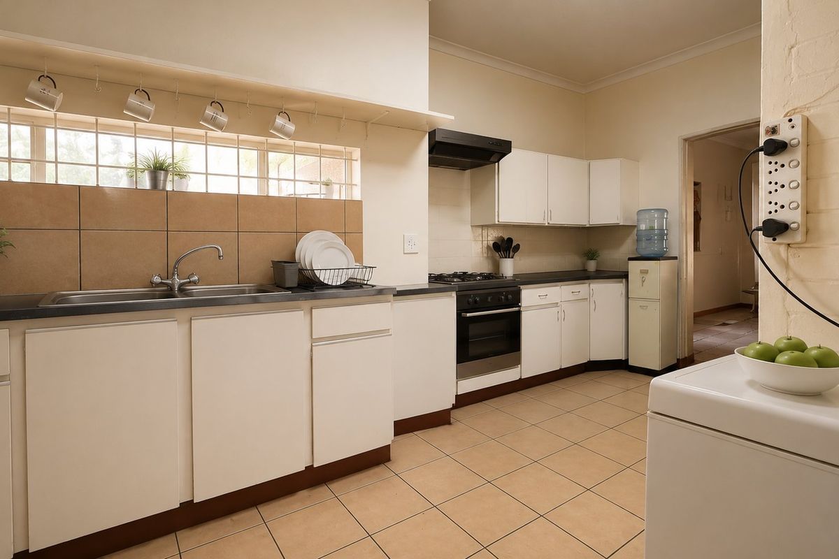 Functional kitchen featuring white cabinetry, gas hob, built-in oven, extractor fan, and tiled splashback with a unique glass block window feature.