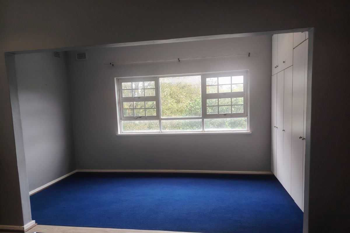 An empty bedroom featuring blue carpet flooring, built-in white cupboards, and large multi-pane windows providing natural light.