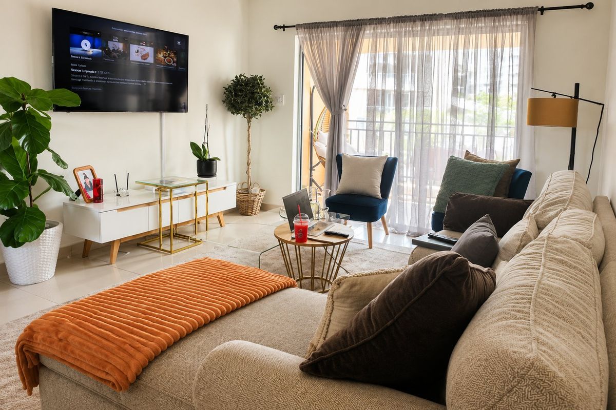 A bright and comfortable living room featuring tiled flooring and a large sliding glass door that provides access to the balcony.