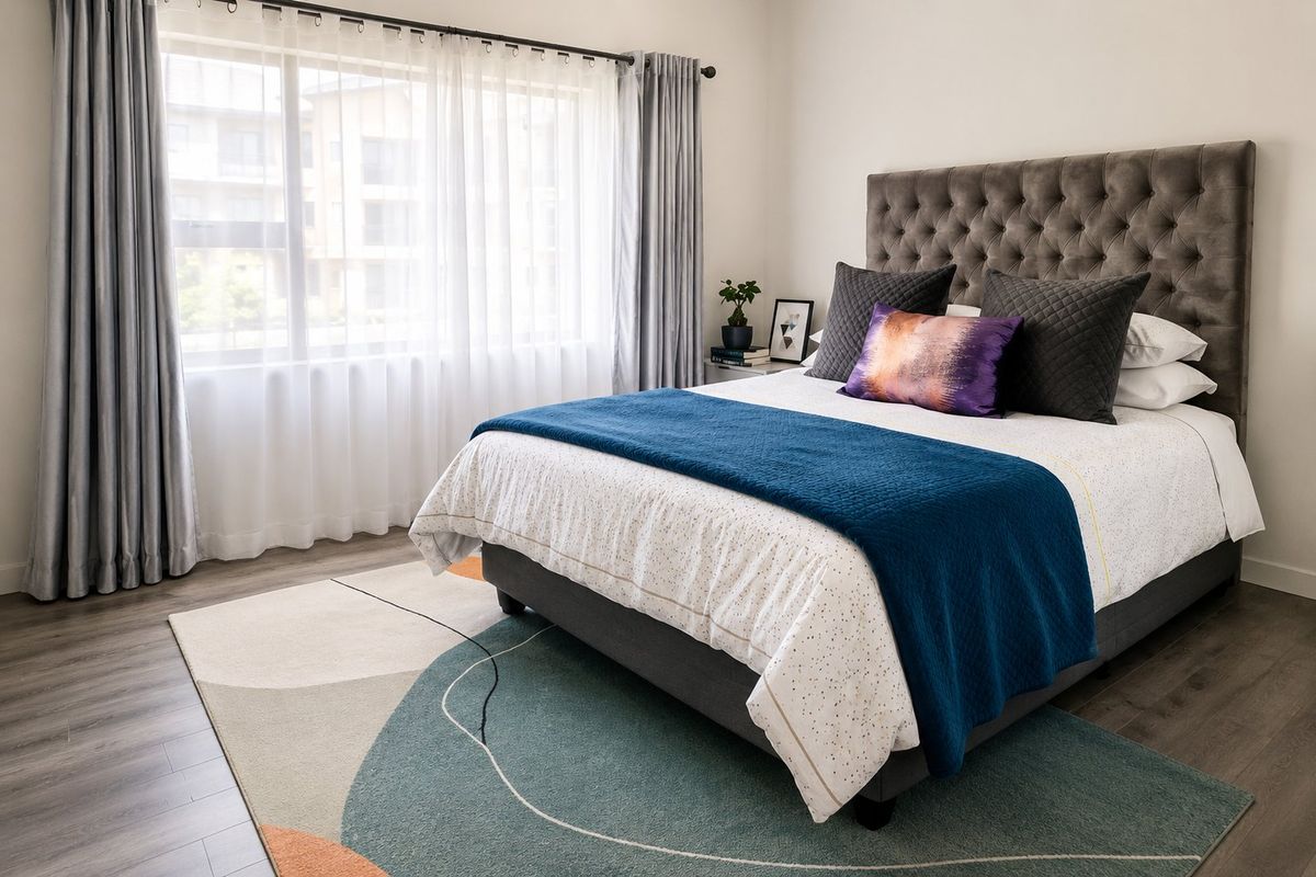 A well-maintained bedroom featuring modern laminate flooring and large windows with installed curtain tracks, offering a bright and comfortable living space.