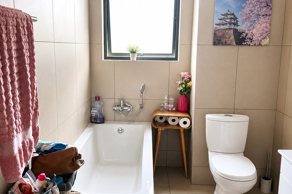 A modern bathroom featuring neutral wall and floor tiles, a built-in bathtub with shower mixer, and a standard toilet.