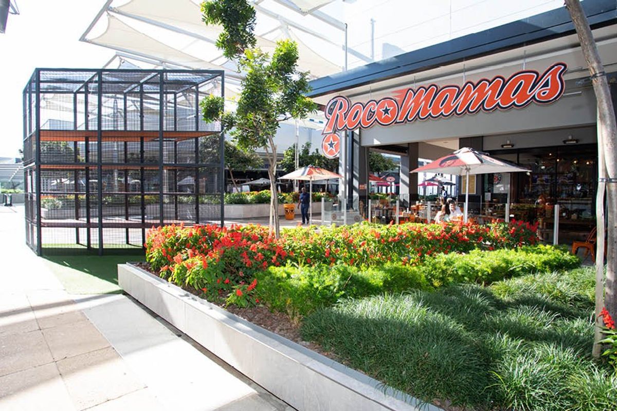 Outdoor commercial dining area featuring a tensile fabric canopy, raised concrete planters, and a modern metal mesh architectural feature.