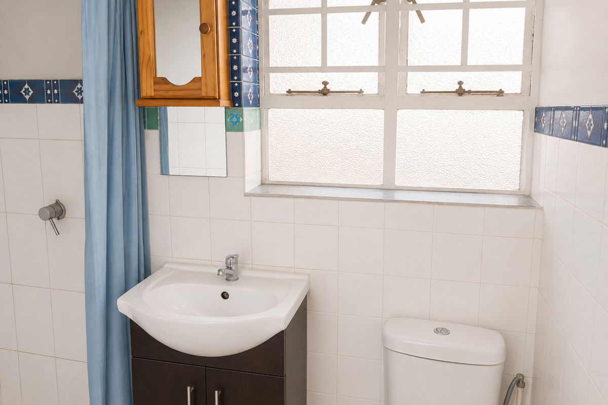 A functional bathroom featuring a vanity basin, toilet, shower area with curtain, and tiled walls with a decorative border.