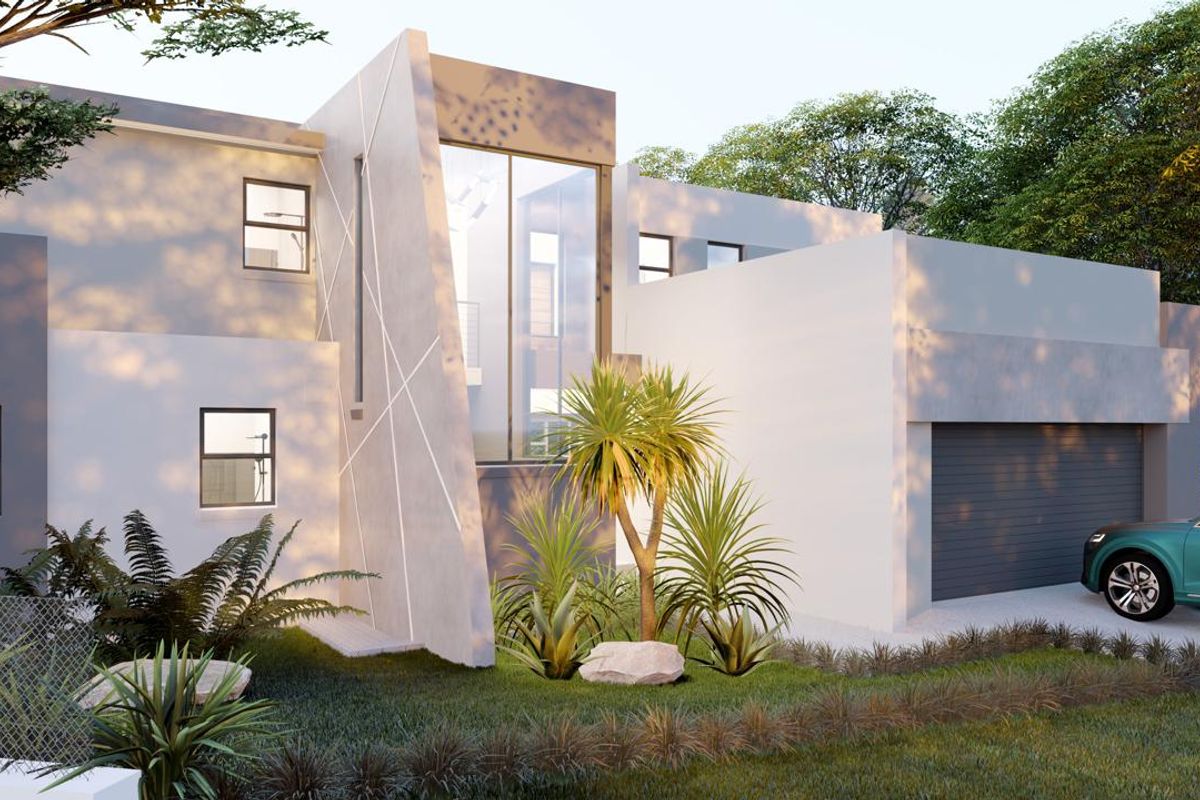 A modern architectural front elevation featuring clean lines, a large glass facade, and an integrated garage.