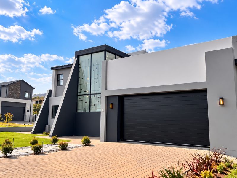 Modern double-story residence featuring a striking architectural glass facade, a spacious paved driveway, and a sleek, contemporary garage door.