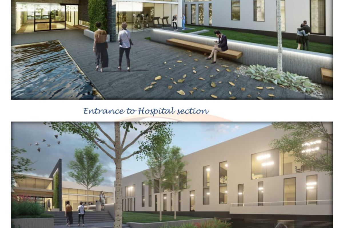 A modern architectural rendering of a landscaped courtyard and hospital entrance area featuring paved walkways, water features, and integrated seating.