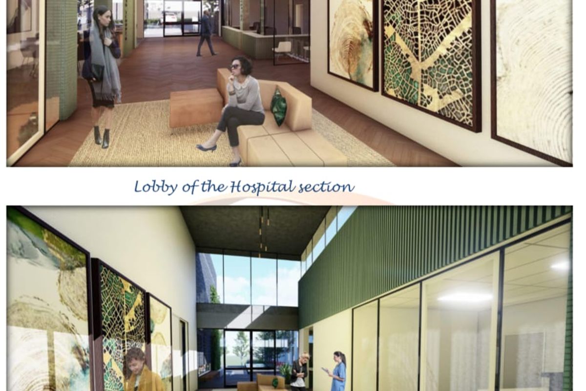 A digital architectural rendering of a modern hospital lobby featuring glass partitions, herringbone flooring, and high ceilings.
