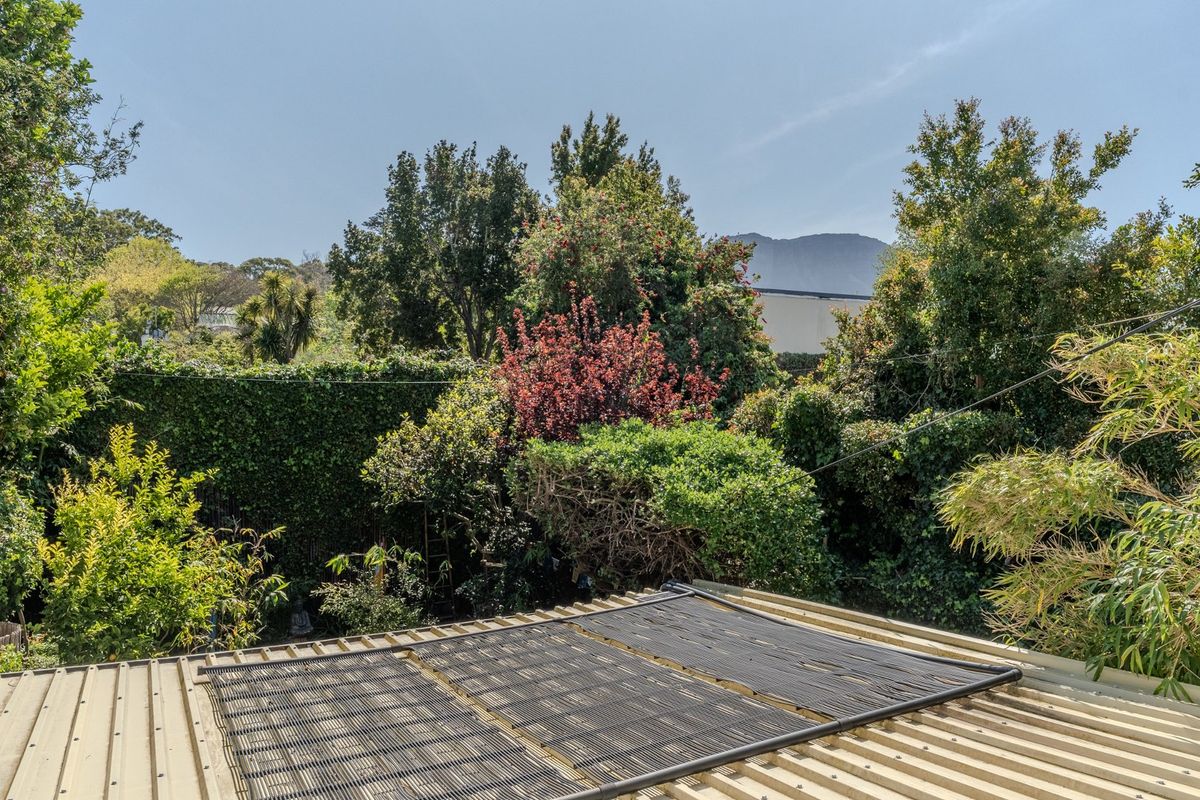View of a corrugated metal roof featuring integrated solar pool heating panels, overlooking a lush, mature garden with mountain views in the background.