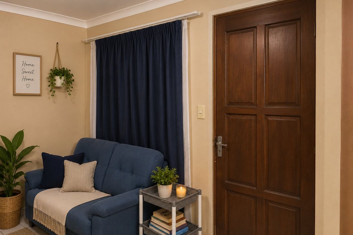 A cozy living area featuring a classic timber panel door, neutral wall tones, and coving detail.