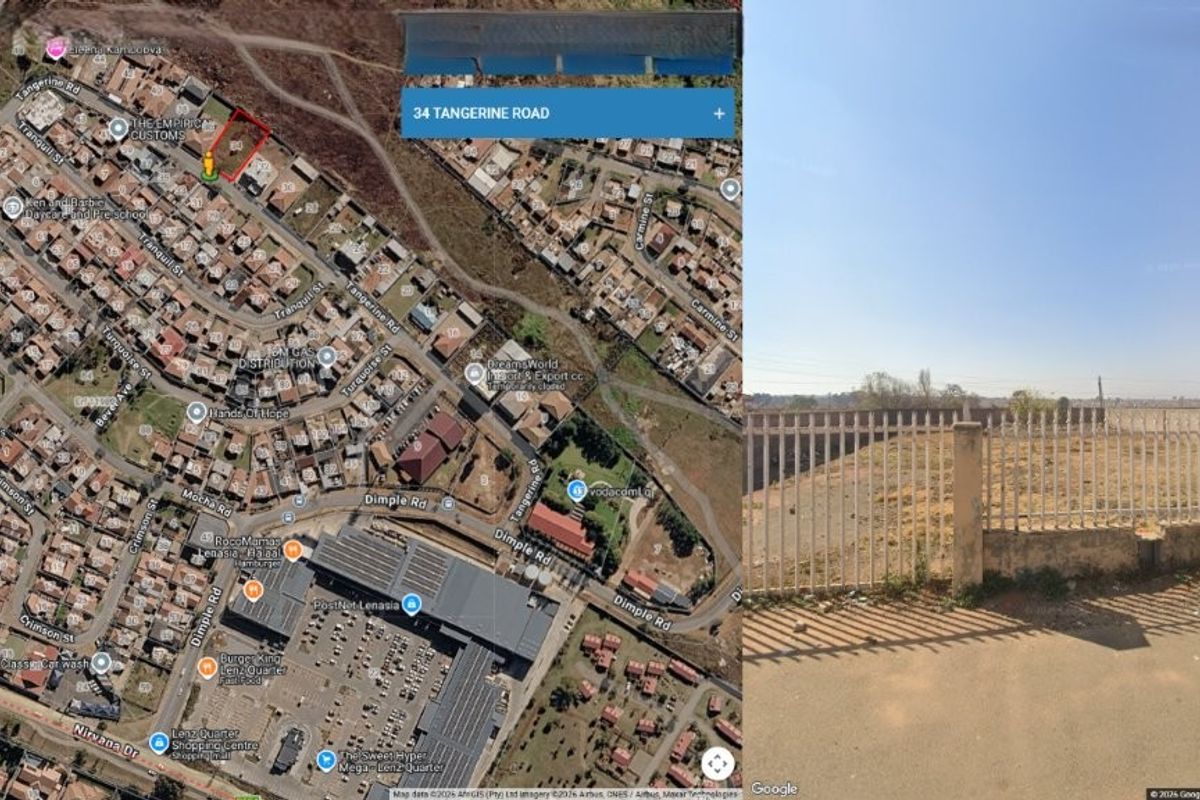 Aerial view and street-level perspective of a vacant residential plot featuring existing perimeter fencing and boundary wall infrastructure.
