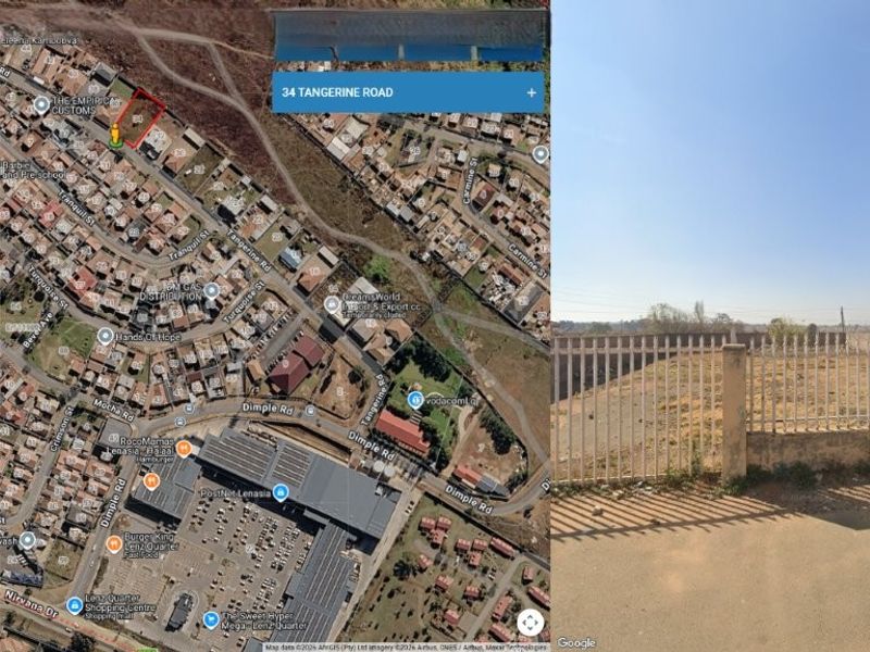 Aerial view and street-level perspective of a vacant residential plot featuring existing perimeter fencing and boundary wall infrastructure.