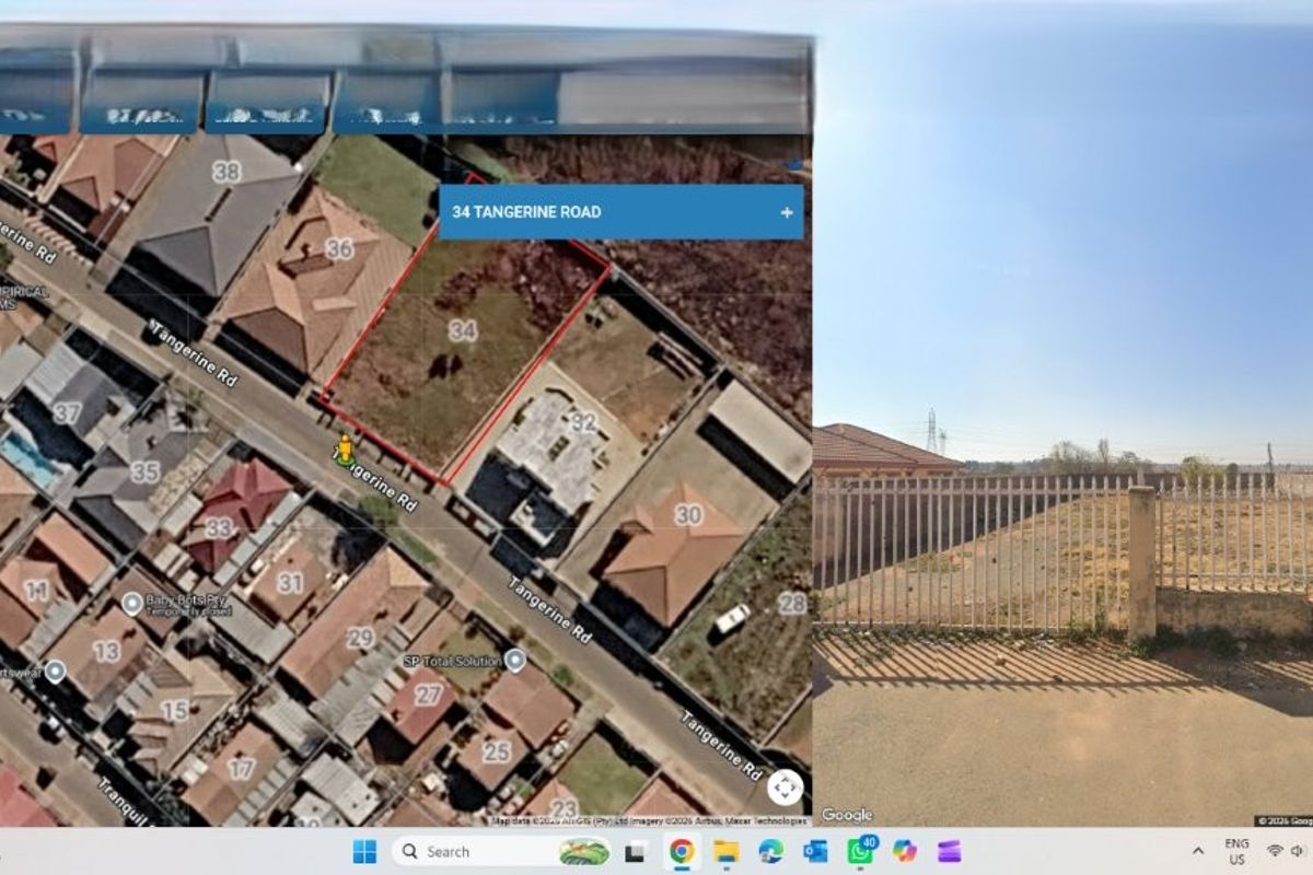 A composite image showing an aerial map view and a street-level perspective of a vacant residential plot enclosed by perimeter fencing.