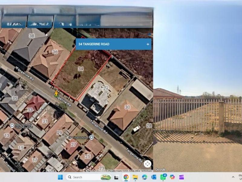 A composite image showing an aerial map view and a street-level perspective of a vacant residential plot enclosed by perimeter fencing.