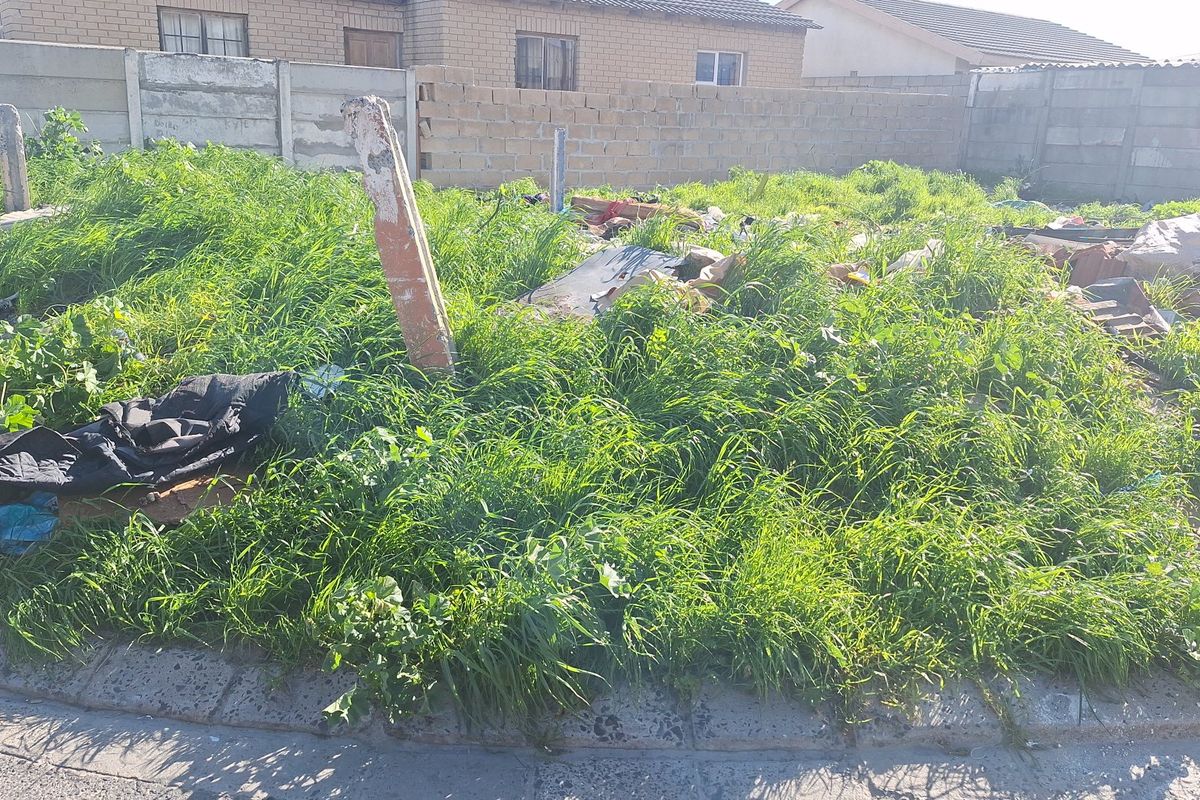 A vacant residential plot featuring overgrown grass, debris, and a boundary wall, requiring significant clearing and site preparation.