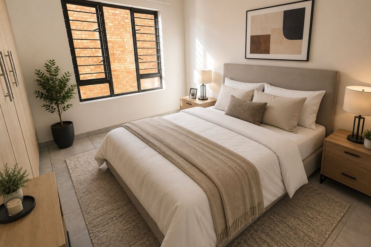A well-lit, modern bedroom featuring neutral tones, tiled flooring, and a built-in wardrobe, offering a comfortable and inviting living space.
