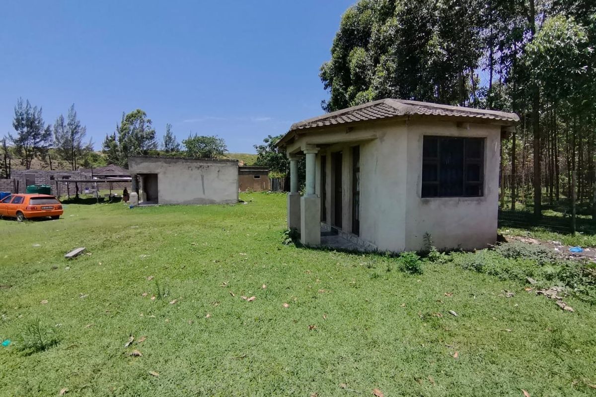 A view of the rear yard featuring a small detached outbuilding with a tiled roof and concrete columns set within a large grassy area.