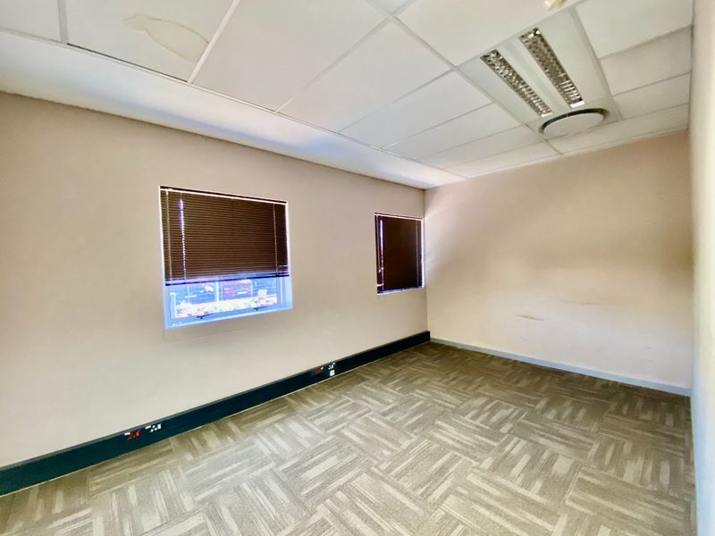 A vacant commercial office space featuring carpet tiles, a suspended ceiling with recessed lighting, and windows fitted with venetian blinds.