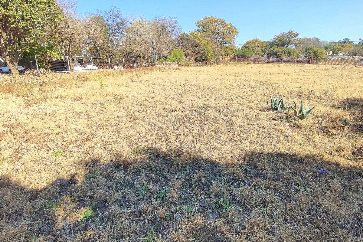 A vacant residential plot featuring dry grass, perimeter fencing, and mature trees, offering a clear space for future development.