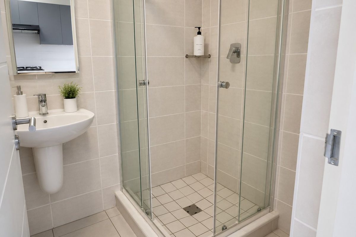 A clean and modern bathroom featuring a pedestal basin, chrome fixtures, and a glass-enclosed shower with neutral ceramic tiling.