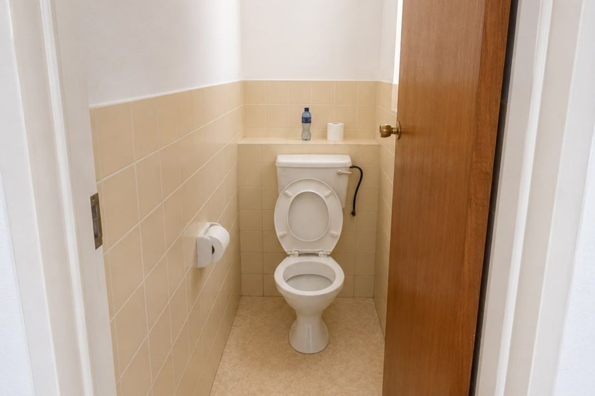A compact, functional guest toilet featuring neutral wall tiling, vinyl flooring, and dual ventilation grilles.