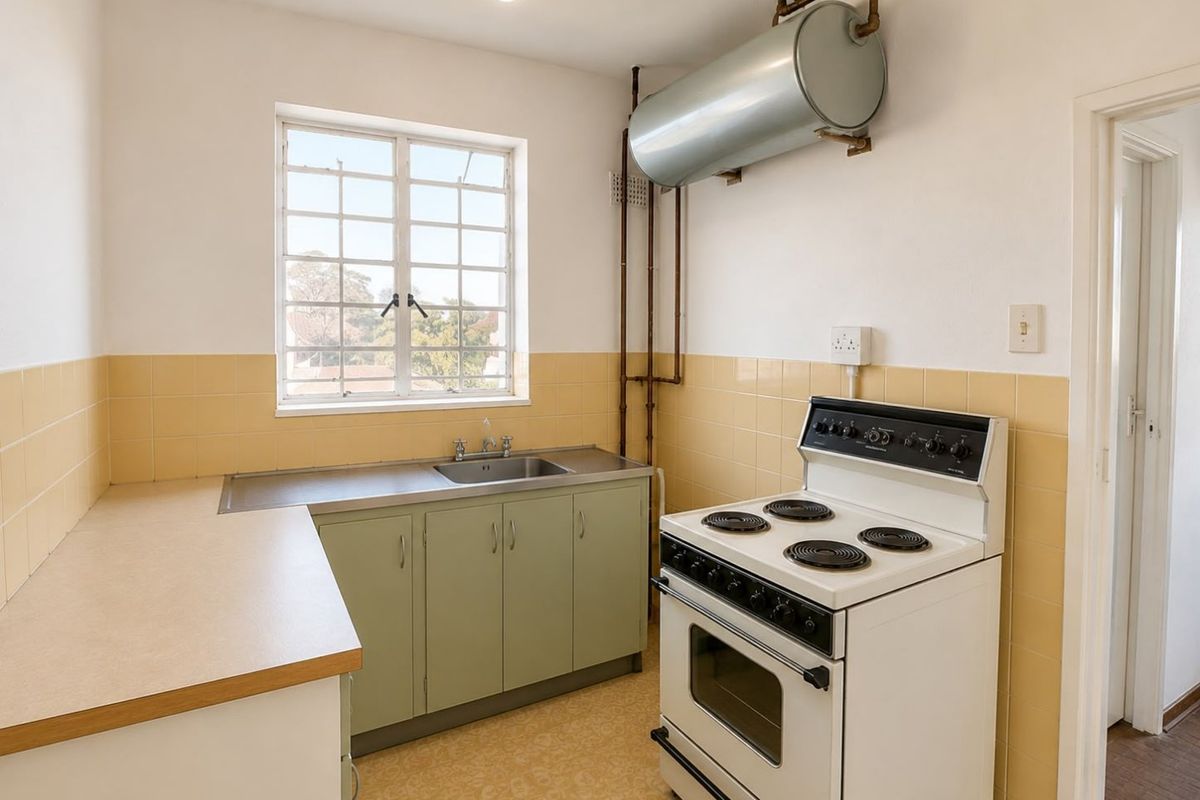 A functional kitchen featuring dated cabinetry, a stainless steel sink, an electric stove, and exposed geyser plumbing, offering potential for modern renovation.