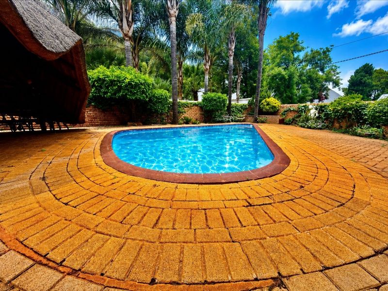Outdoor pool area featuring a swimming pool surrounded by circular brick paving and a thatched lapa structure.