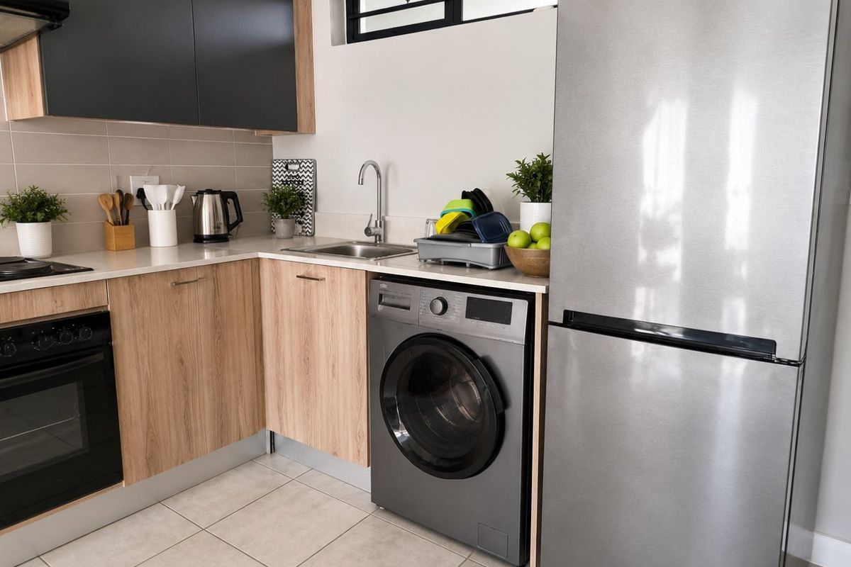 Modern kitchen featuring wood-finish cabinetry, dark upper cupboards, tiled backsplash, built-in oven, hob, and integrated space for a washing machine.