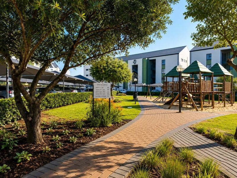 Well-maintained communal garden area featuring a paved walkway, landscaped greenery, and a children's playground within a modern apartment complex.