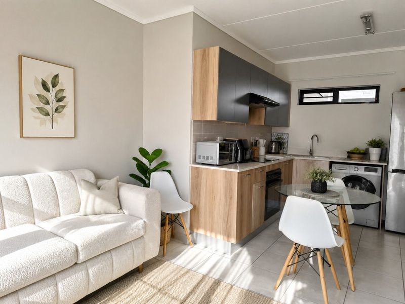 A bright open-plan living and kitchen area featuring modern wood-grain cabinetry, integrated appliances, and neutral tiled flooring.