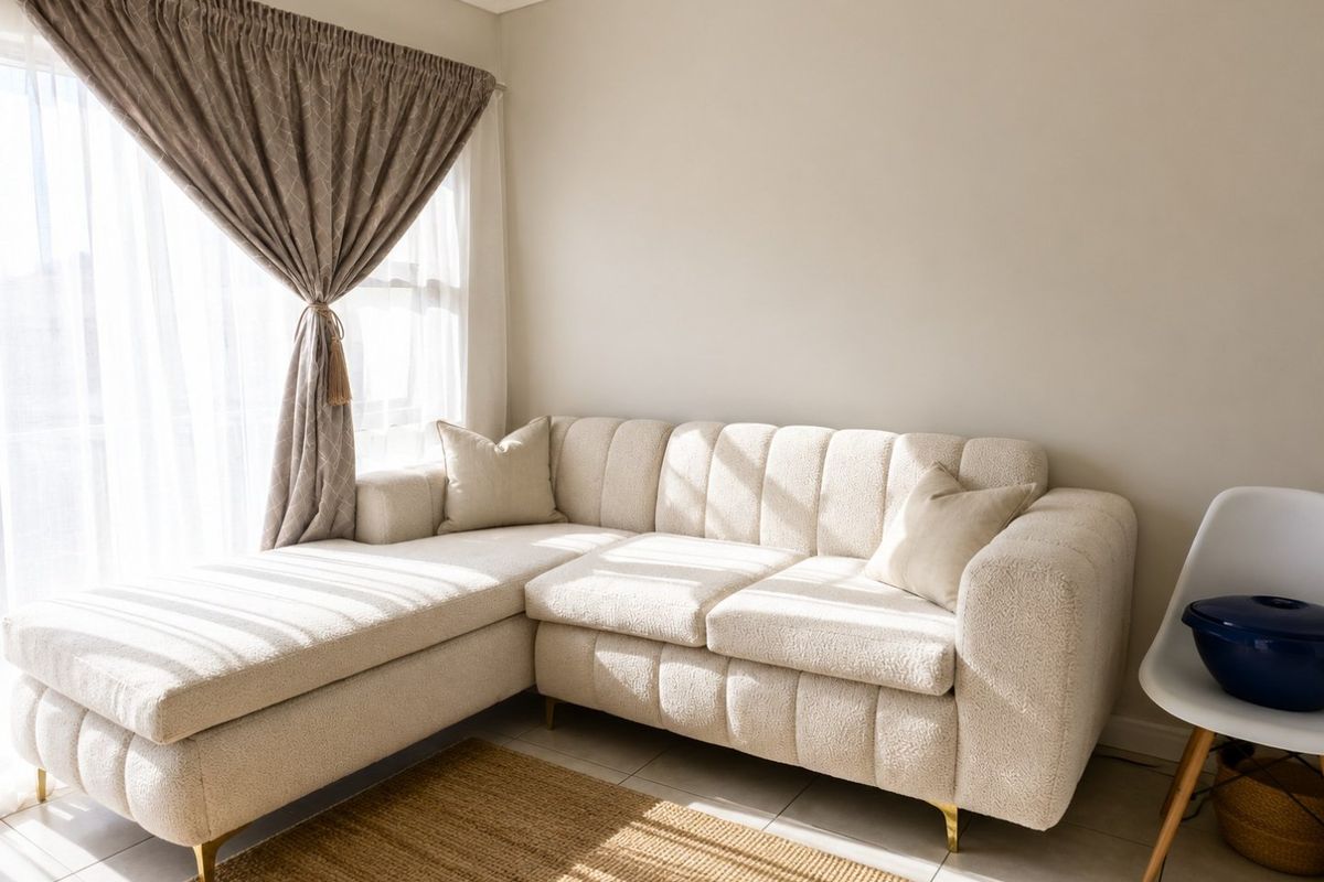 A bright and inviting living room area featuring neutral tiled flooring and natural light streaming through a large window with installed curtain tracks.