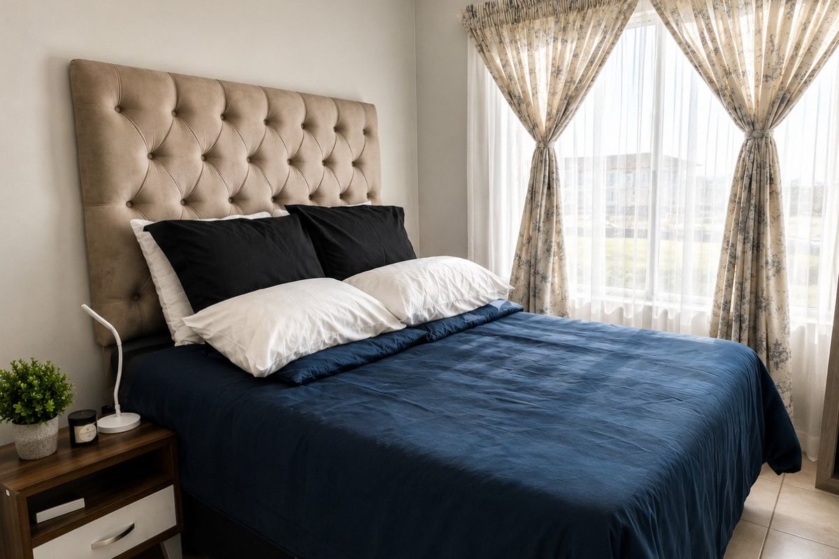 A well-maintained bedroom featuring neutral wall tones and tiled flooring, offering a comfortable and functional living space.