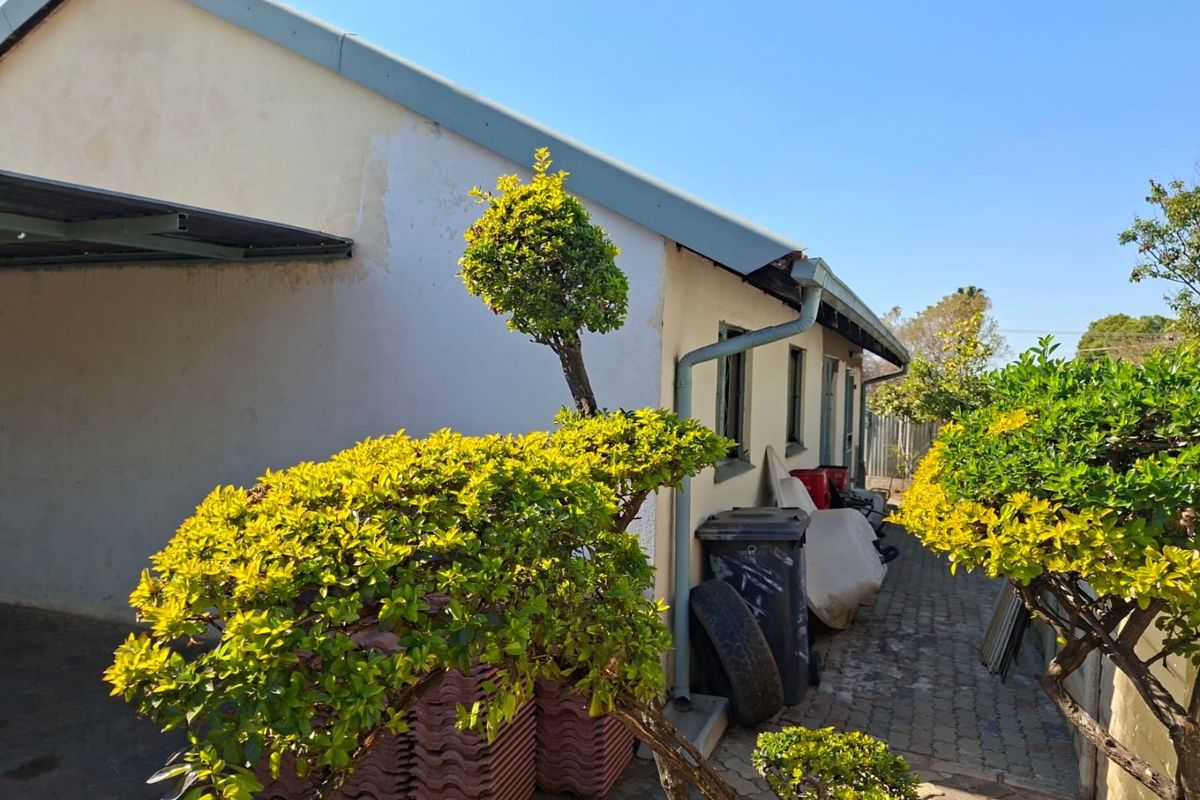 Rear exterior view of the property showing a paved walkway, guttering system, and carport structure alongside the building wall.
