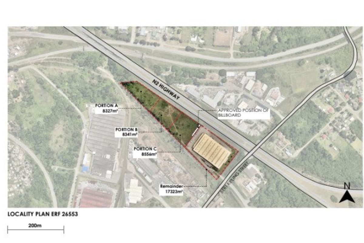 Locality plan showing the layout and subdivision of Erf 26553, including portions A, B, C, and the remainder relative to the N2 highway.