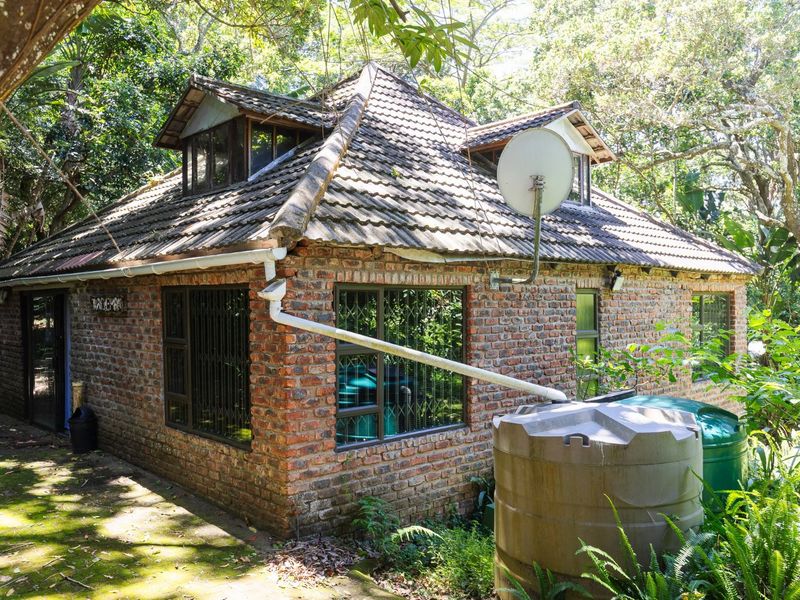 Rear view of a rustic brick house featuring a tiled roof, dormer windows, and an integrated rainwater harvesting system set within a wooded garden.