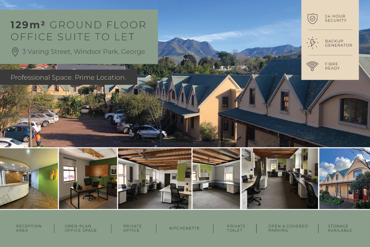 A commercial property listing collage showcasing a 129m2 office suite with reception, open-plan workspace, private offices, kitchenette, and parking facilities in George.