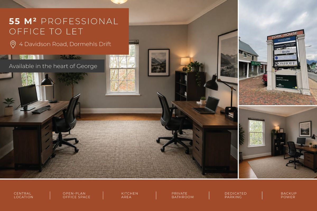 A professional office space featuring hardwood flooring and sash windows, located in a central commercial building in George.
