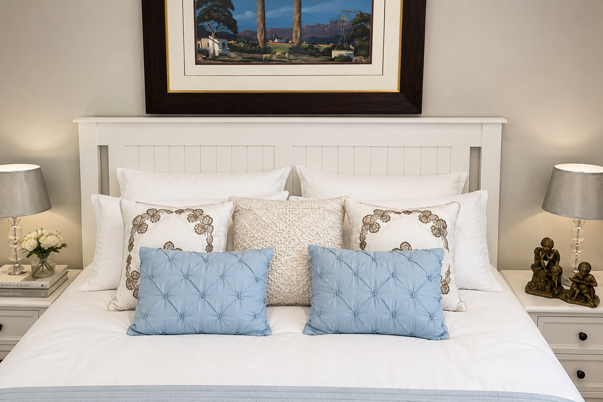A well-presented bedroom featuring a classic white headboard and matching built-in bedside cabinetry, creating a clean and inviting sleeping space.