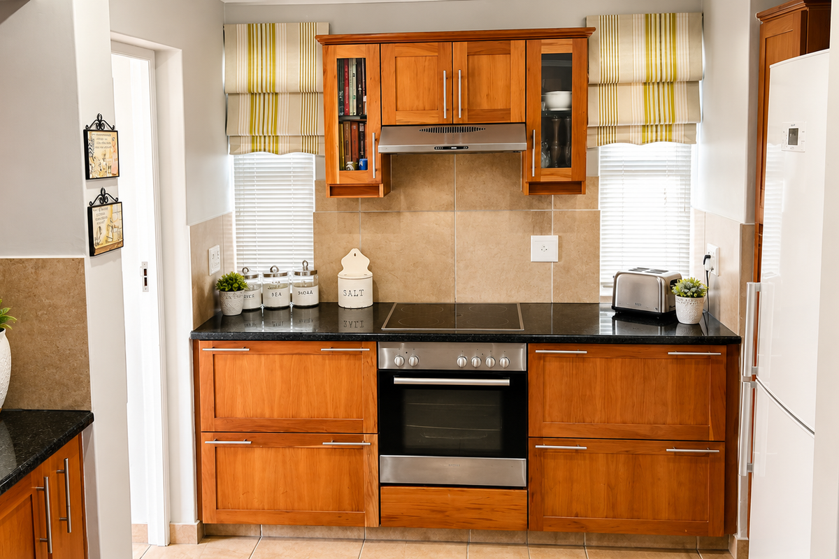 A well-maintained kitchen featuring warm wooden cabinetry, granite countertops, a built-in oven, and an electric hob with a stainless steel extractor fan.