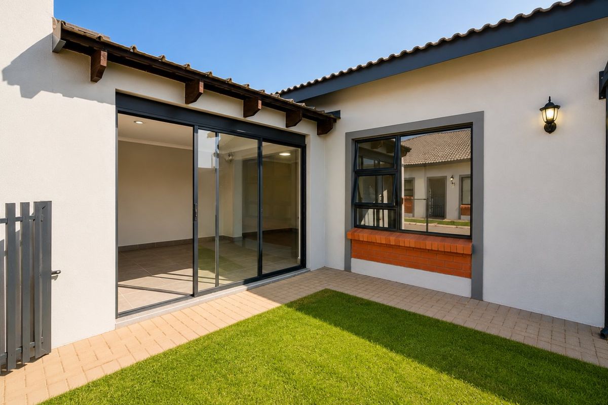 A well-maintained rear courtyard featuring a paved patio, manicured lawn, sliding glass doors, and exposed timber rafter detailing.