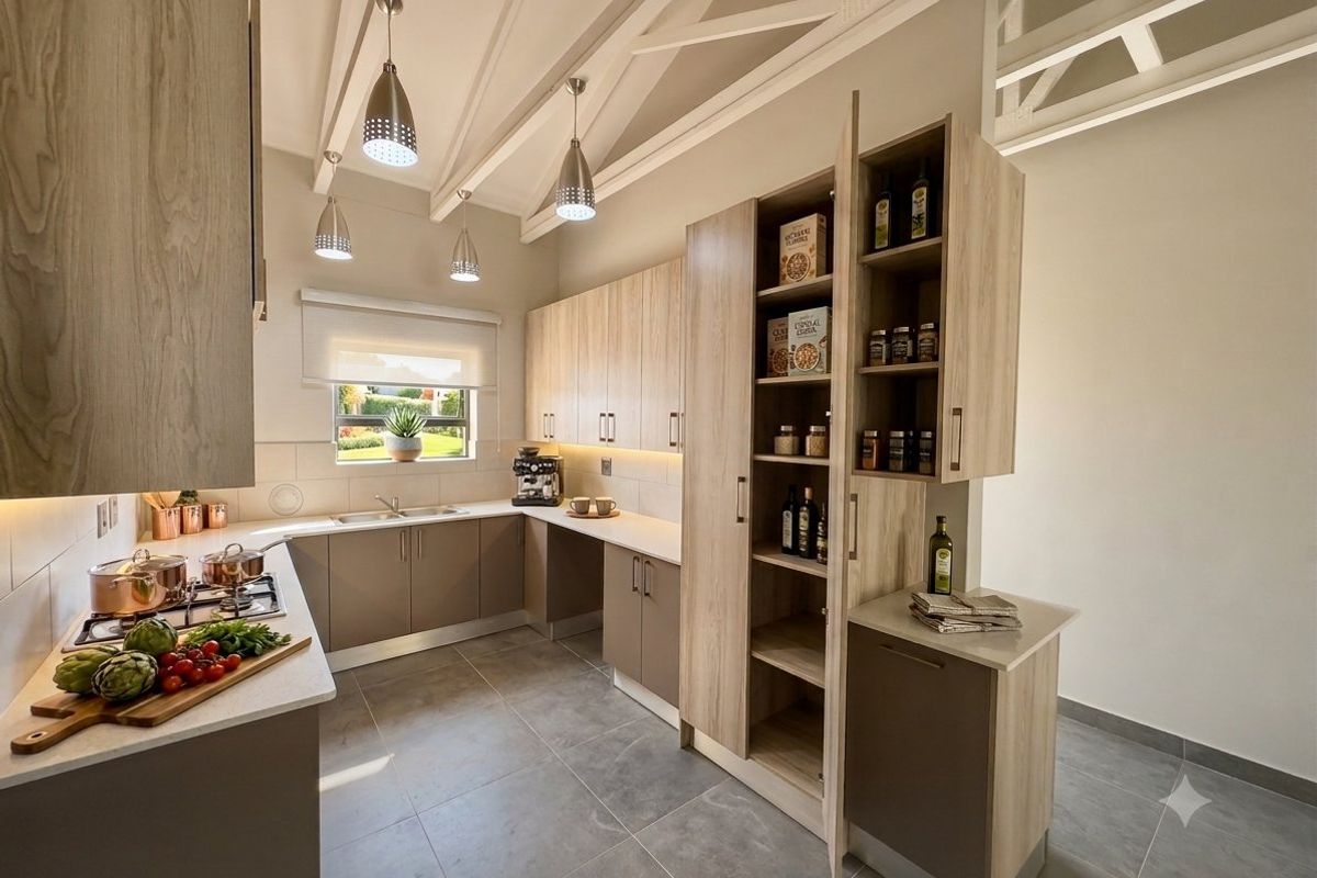 Modern kitchen featuring light wood cabinetry, stone countertops, gas hob, double sink, and exposed white timber trusses, creating a bright and functional culinary space.
