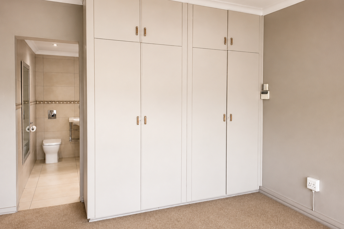 A clean, empty bedroom featuring neutral built-in cupboards, carpeted flooring, and an adjoining tiled bathroom.