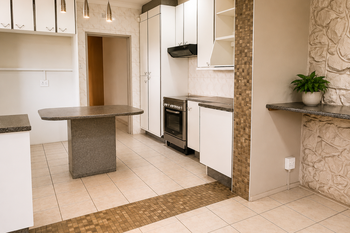 A functional kitchen featuring white cabinetry, a stone-look breakfast bar, tiled flooring, and a distinctive mosaic tile feature wall.