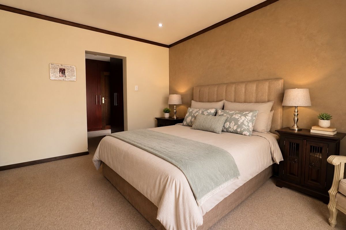 A well-maintained bedroom featuring neutral tones, a textured feature wall, carpeted flooring, and convenient built-in cupboard storage.
